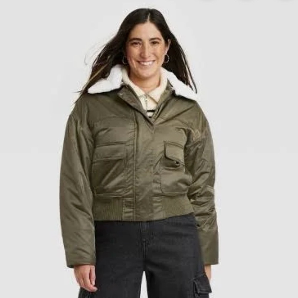 Universal Thread Olive Bomber Jacket with White Collar